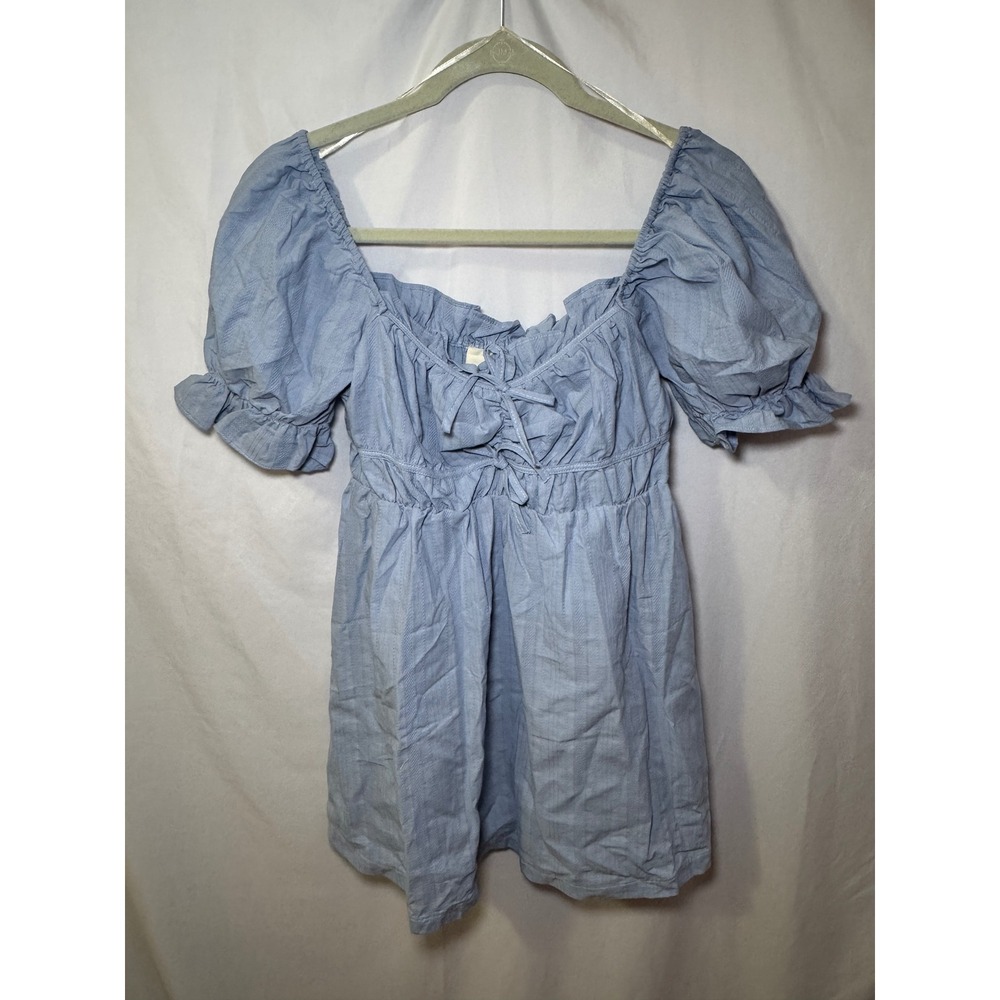 Umgee Puff Sleeve Babydoll Top S Blue Lace Up Cottagecore Coquette Boho NWT